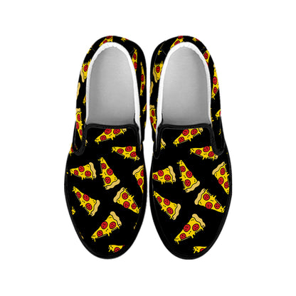 Black Pizza Pattern Print Black Slip On Shoes
