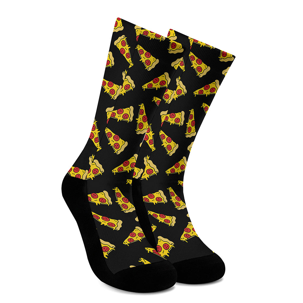 Black Pizza Pattern Print Crew Socks