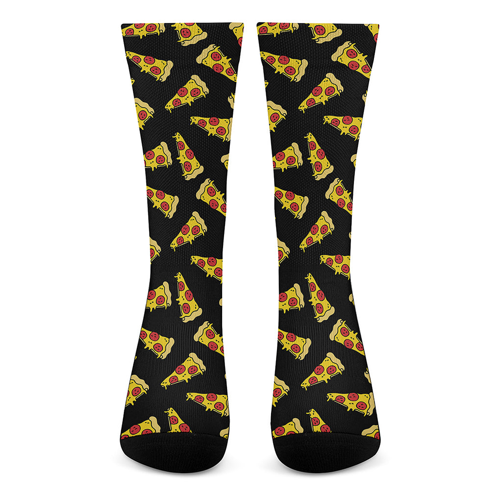 Black Pizza Pattern Print Crew Socks