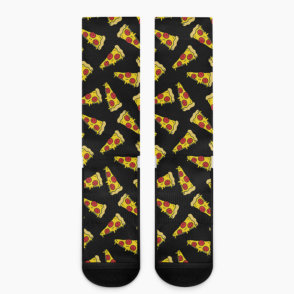 Black Pizza Pattern Print Crew Socks