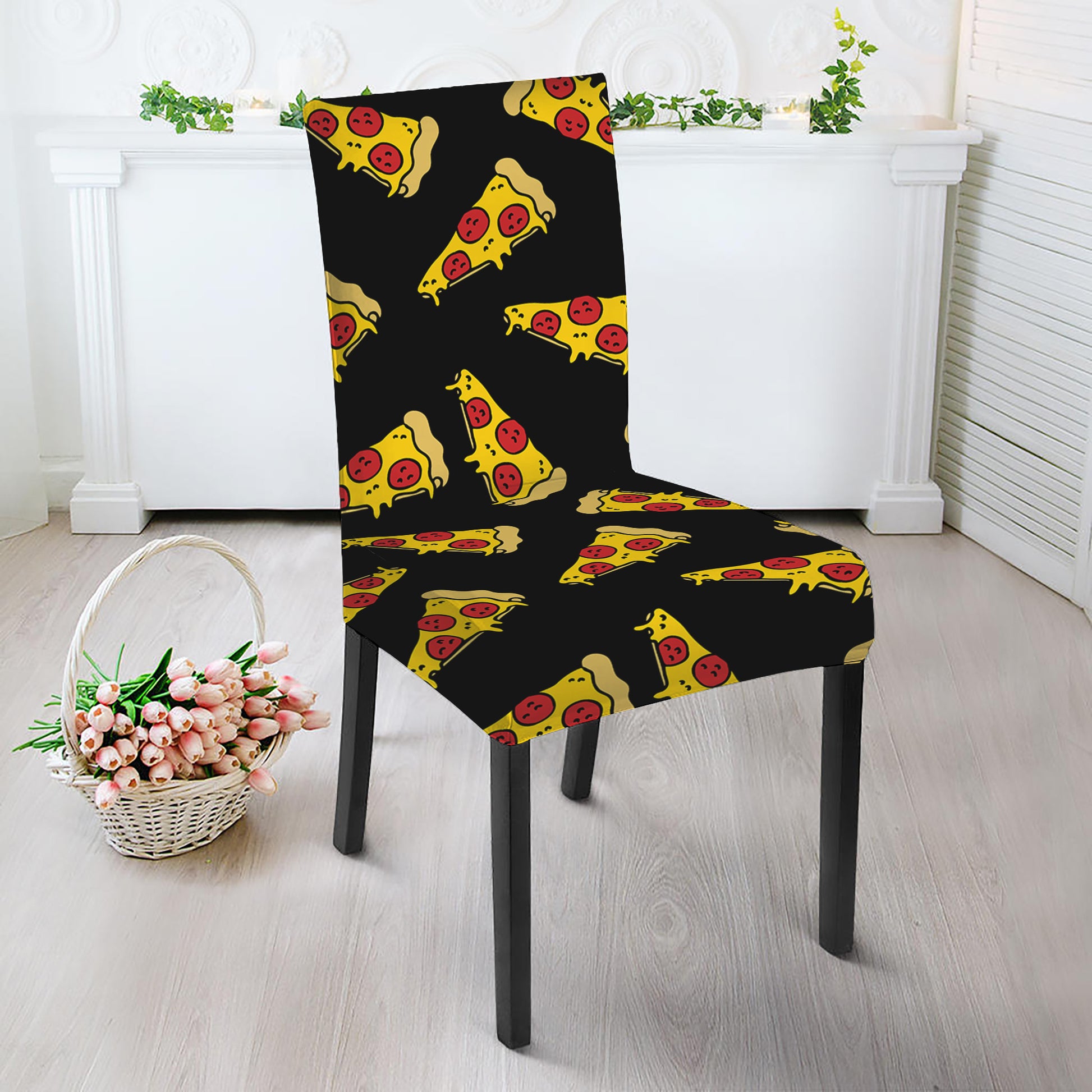 Black Pizza Pattern Print Dining Chair Slipcover