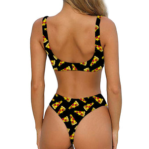 Black Pizza Pattern Print Front Bow Tie Bikini