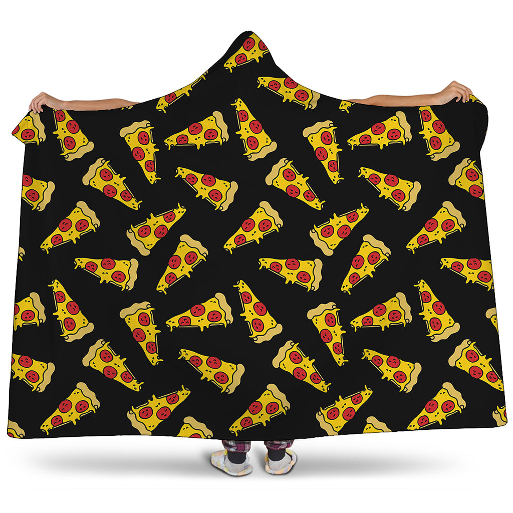 Black Pizza Pattern Print Hooded Blanket