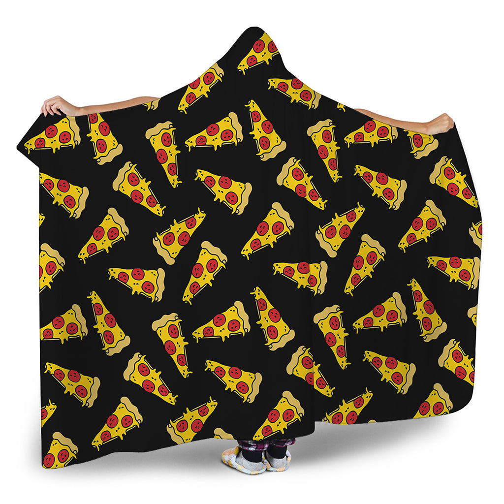 Black Pizza Pattern Print Hooded Blanket