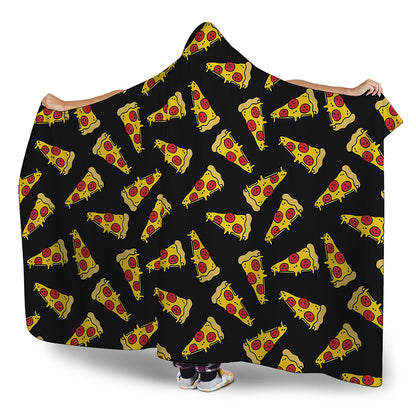 Black Pizza Pattern Print Hooded Blanket