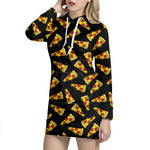 Black Pizza Pattern Print Hoodie Dress