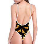 Black Pizza Pattern Print One Piece High Cut Swimsuit