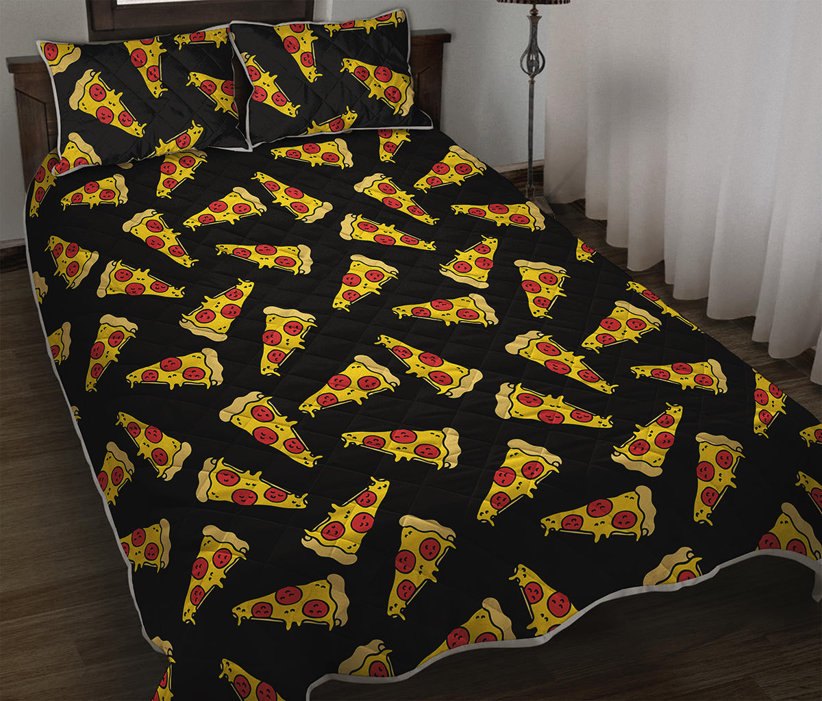 Black Pizza Pattern Print Quilt Bed Set