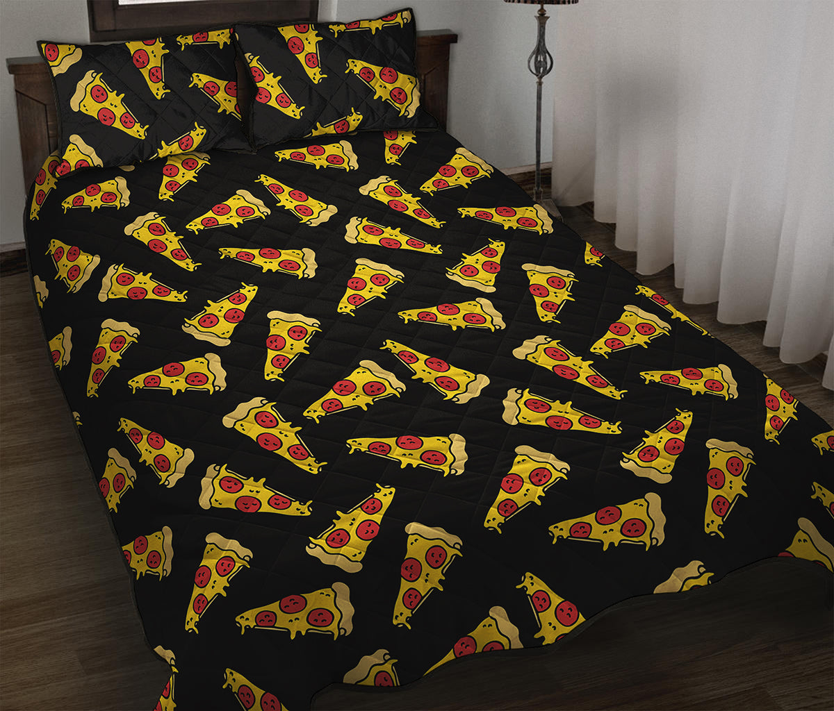 Black Pizza Pattern Print Quilt Bed Set