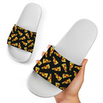 Black Pizza Pattern Print White Slide Sandals