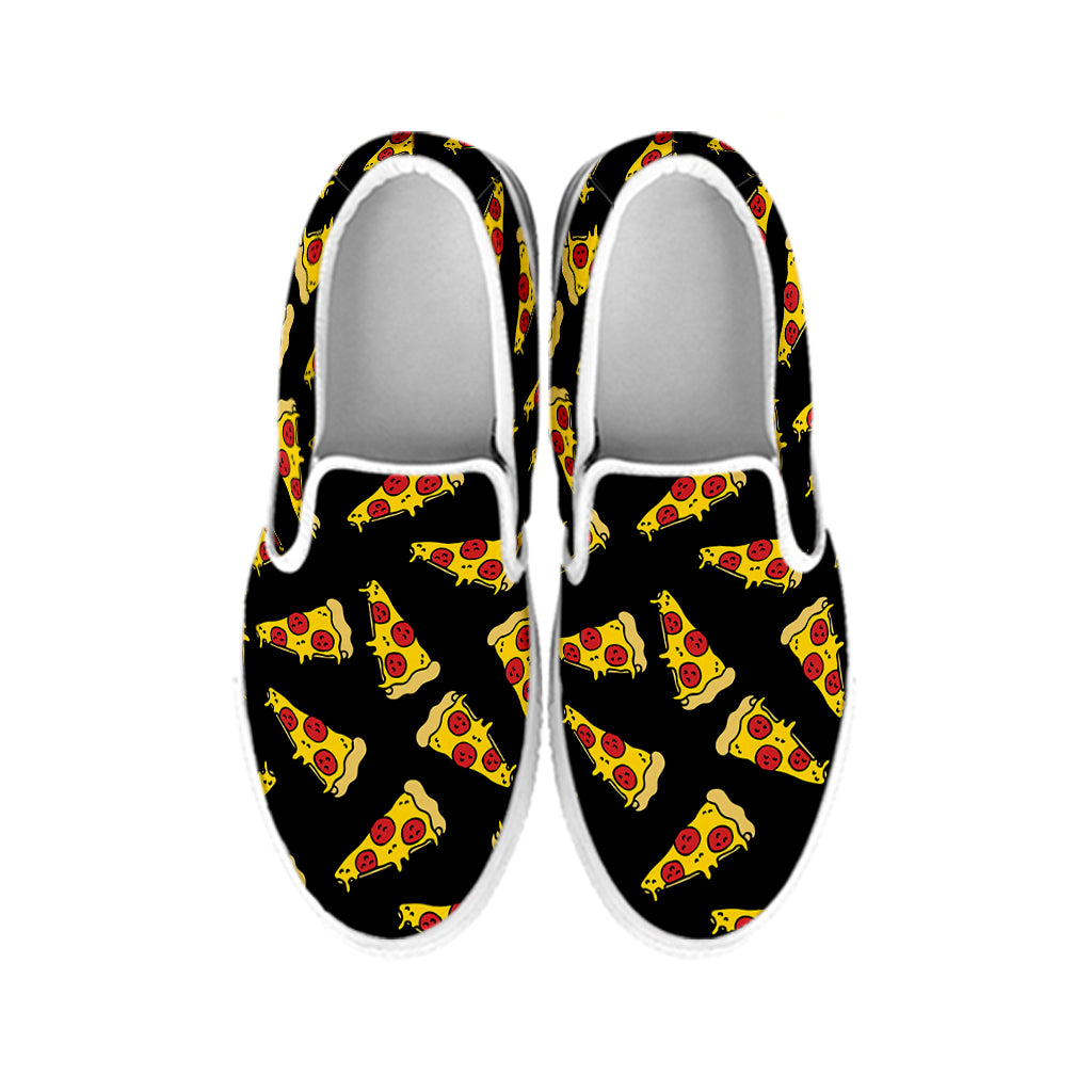 Black Pizza Pattern Print White Slip On Shoes