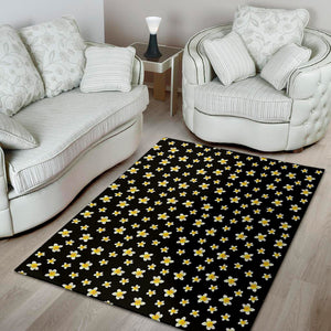 Black Plumeria Flower Pattern Print Area Rug