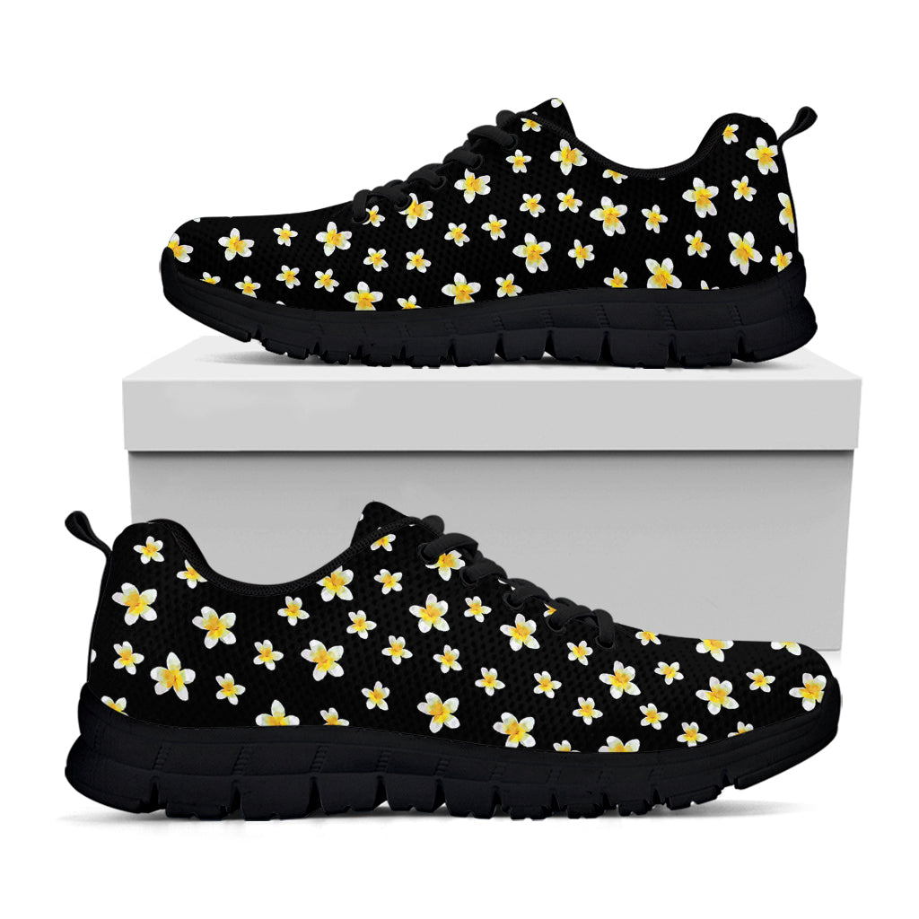 Black Plumeria Flower Pattern Print Black Sneakers