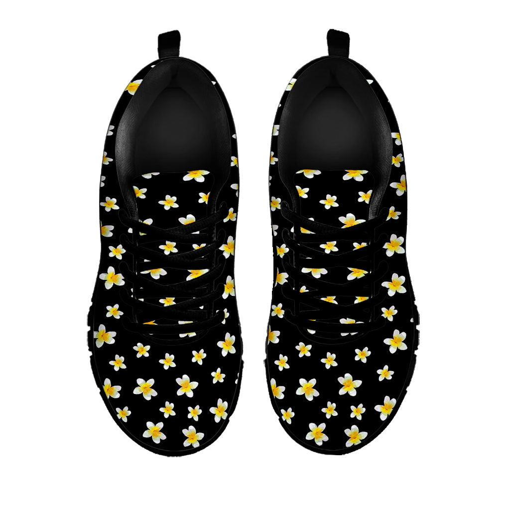 Black Plumeria Flower Pattern Print Black Sneakers