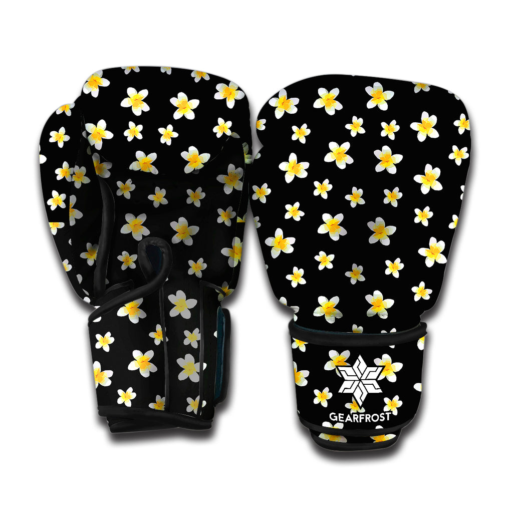 Black Plumeria Flower Pattern Print Boxing Gloves