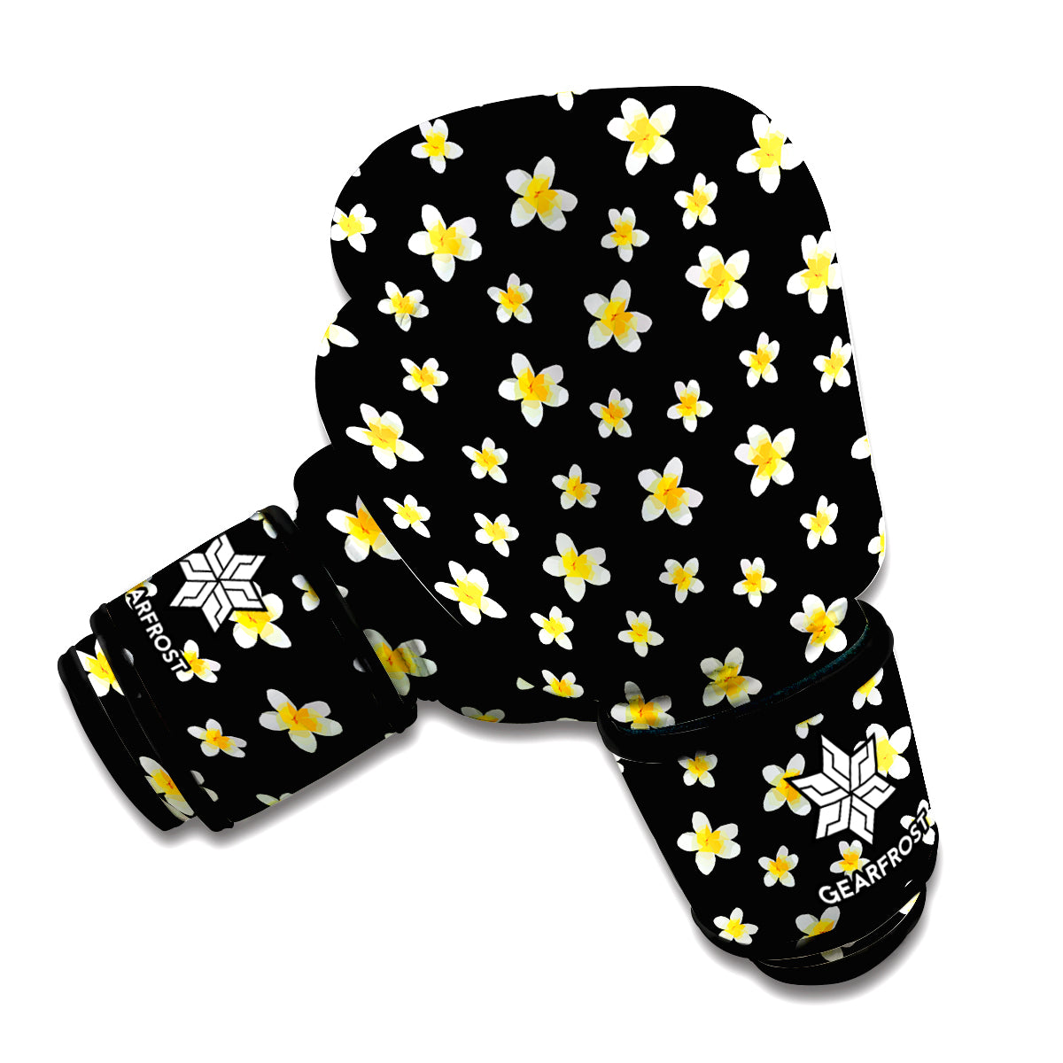 Black Plumeria Flower Pattern Print Boxing Gloves