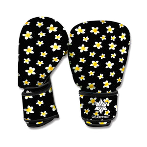 Black Plumeria Flower Pattern Print Boxing Gloves