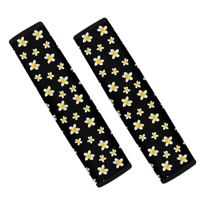 Black Plumeria Flower Pattern Print Car Seat Belt Covers