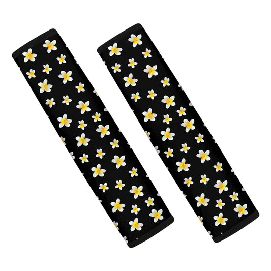 Black Plumeria Flower Pattern Print Car Seat Belt Covers