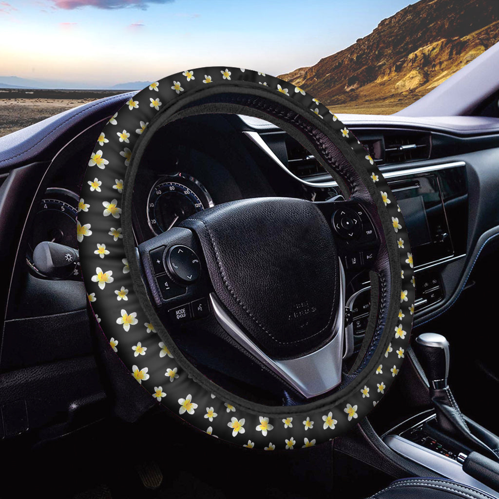 Black Plumeria Flower Pattern Print Car Steering Wheel Cover