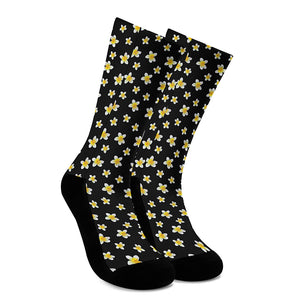 Black Plumeria Flower Pattern Print Crew Socks