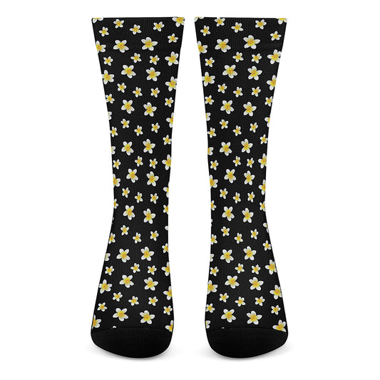 Black Plumeria Flower Pattern Print Crew Socks
