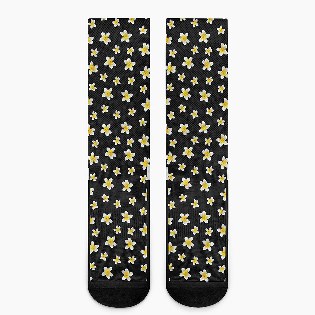 Black Plumeria Flower Pattern Print Crew Socks