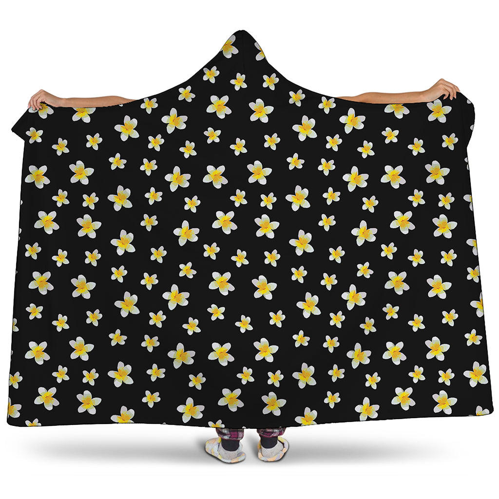 Black Plumeria Flower Pattern Print Hooded Blanket