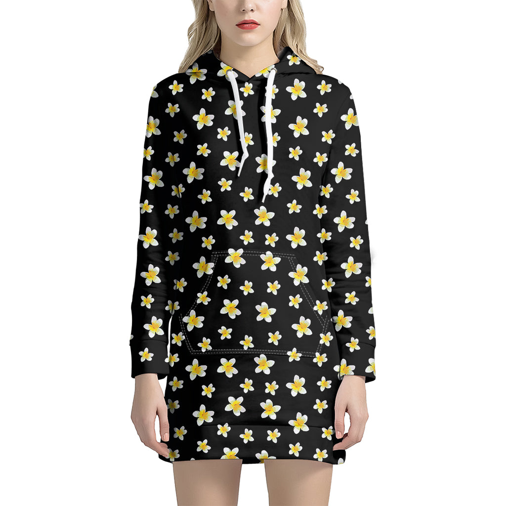 Black Plumeria Flower Pattern Print Hoodie Dress