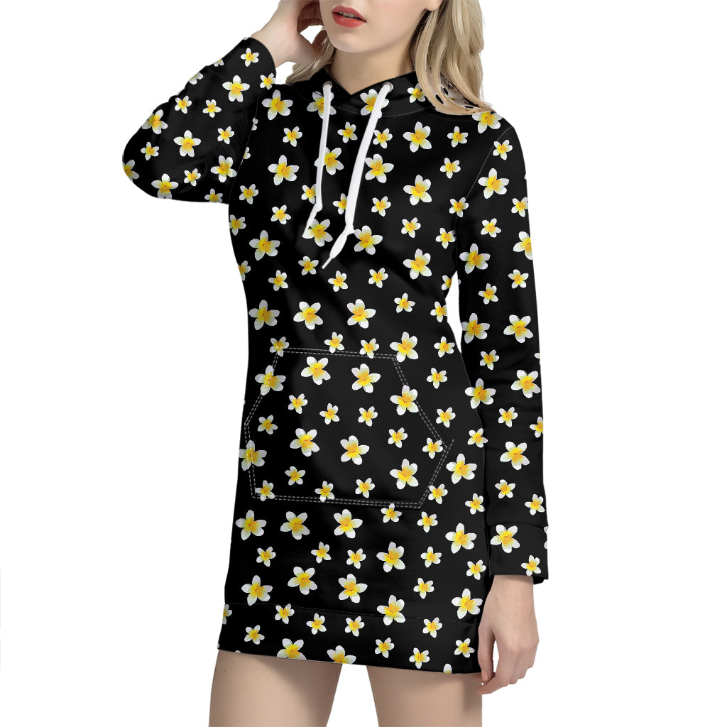 Black Plumeria Flower Pattern Print Hoodie Dress