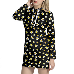 Black Plumeria Flower Pattern Print Hoodie Dress