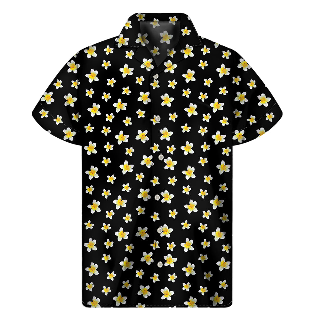 Black Plumeria Flower Pattern Print Men's Short Sleeve Shirt