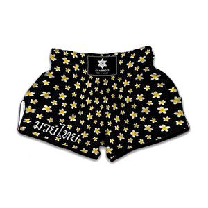 Black Plumeria Flower Pattern Print Muay Thai Boxing Shorts