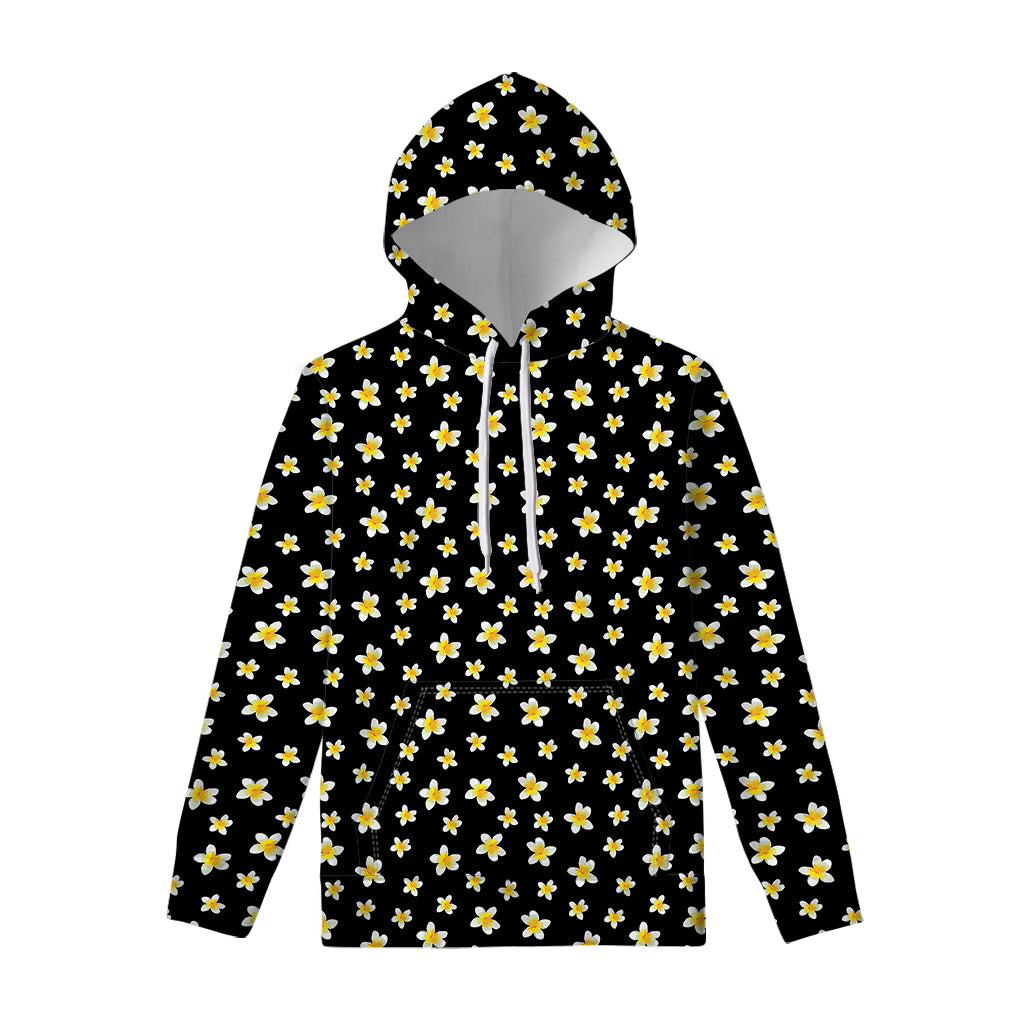 Black Plumeria Flower Pattern Print Pullover Hoodie