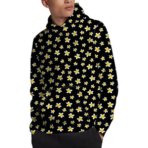 Black Plumeria Flower Pattern Print Pullover Hoodie