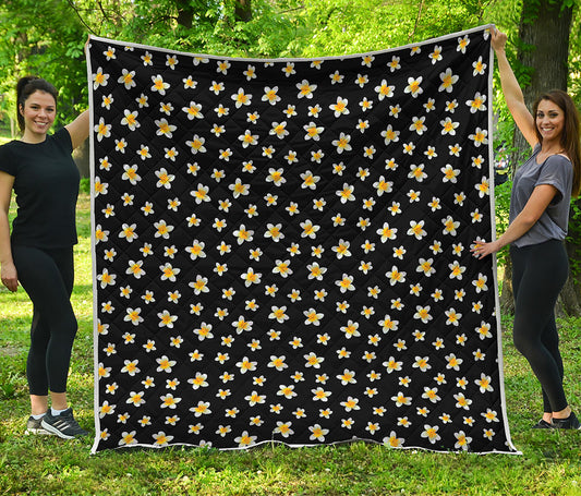 Black Plumeria Flower Pattern Print Quilt