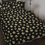 Black Plumeria Flower Pattern Print Quilt Bed Set