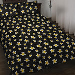 Black Plumeria Flower Pattern Print Quilt Bed Set