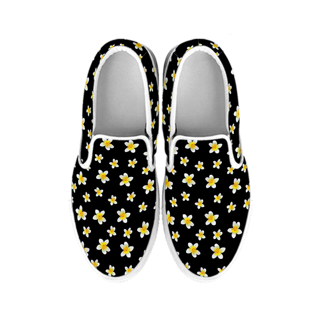 Black Plumeria Flower Pattern Print White Slip On Shoes