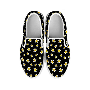 Black Plumeria Flower Pattern Print White Slip On Shoes