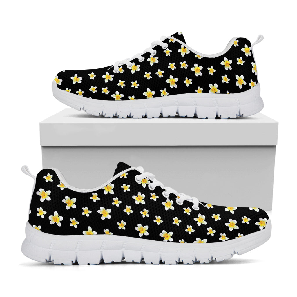 Black Plumeria Flower Pattern Print White Sneakers