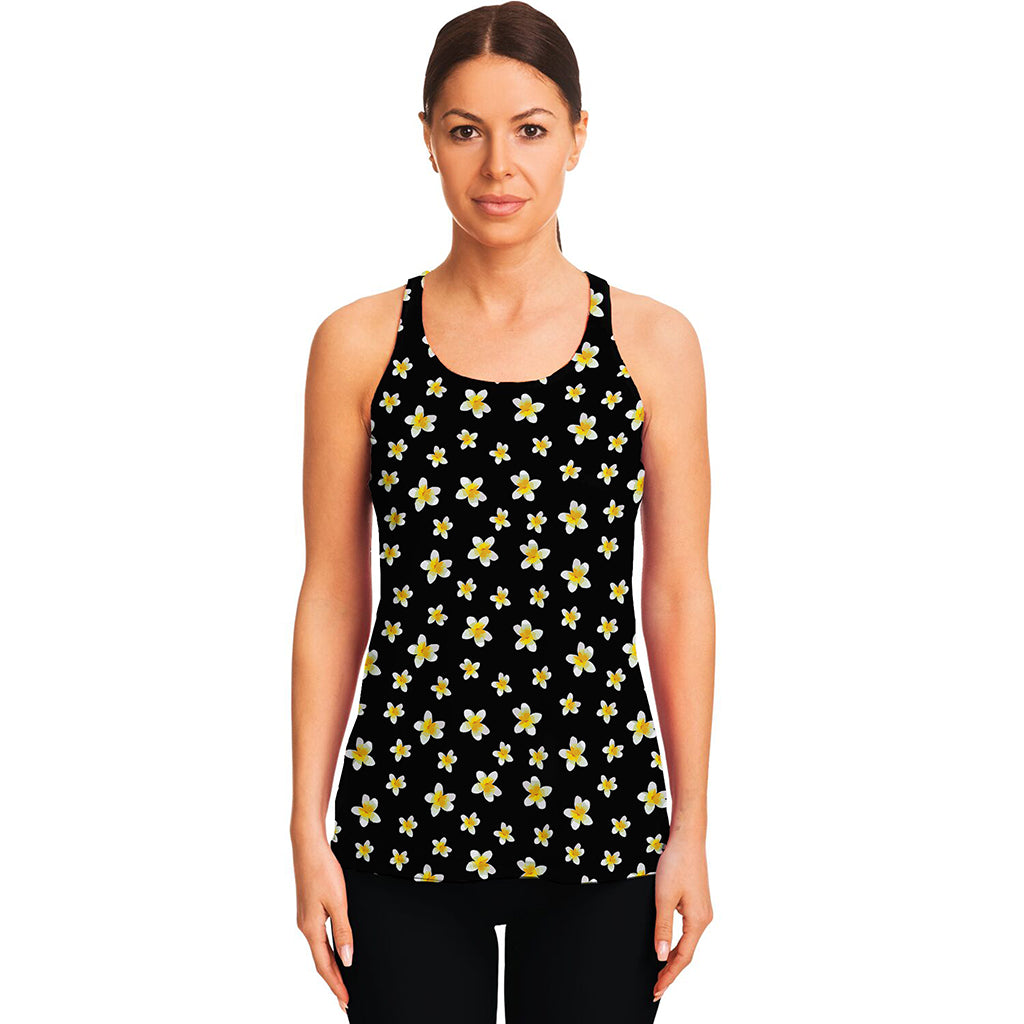 Black Plumeria Flower Pattern Print Women's Racerback Tank Top