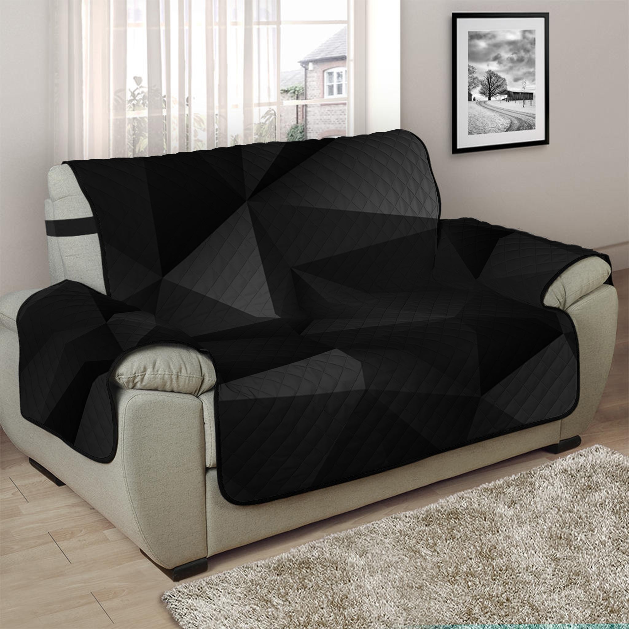 Black Polygonal Geometric Print Half Sofa Protector