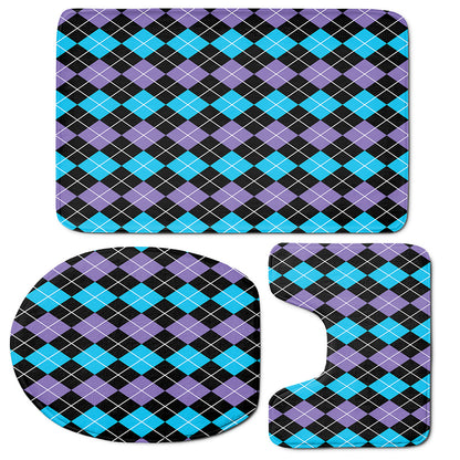 Black Purple And Blue Argyle Print 3 Piece Bath Mat Set