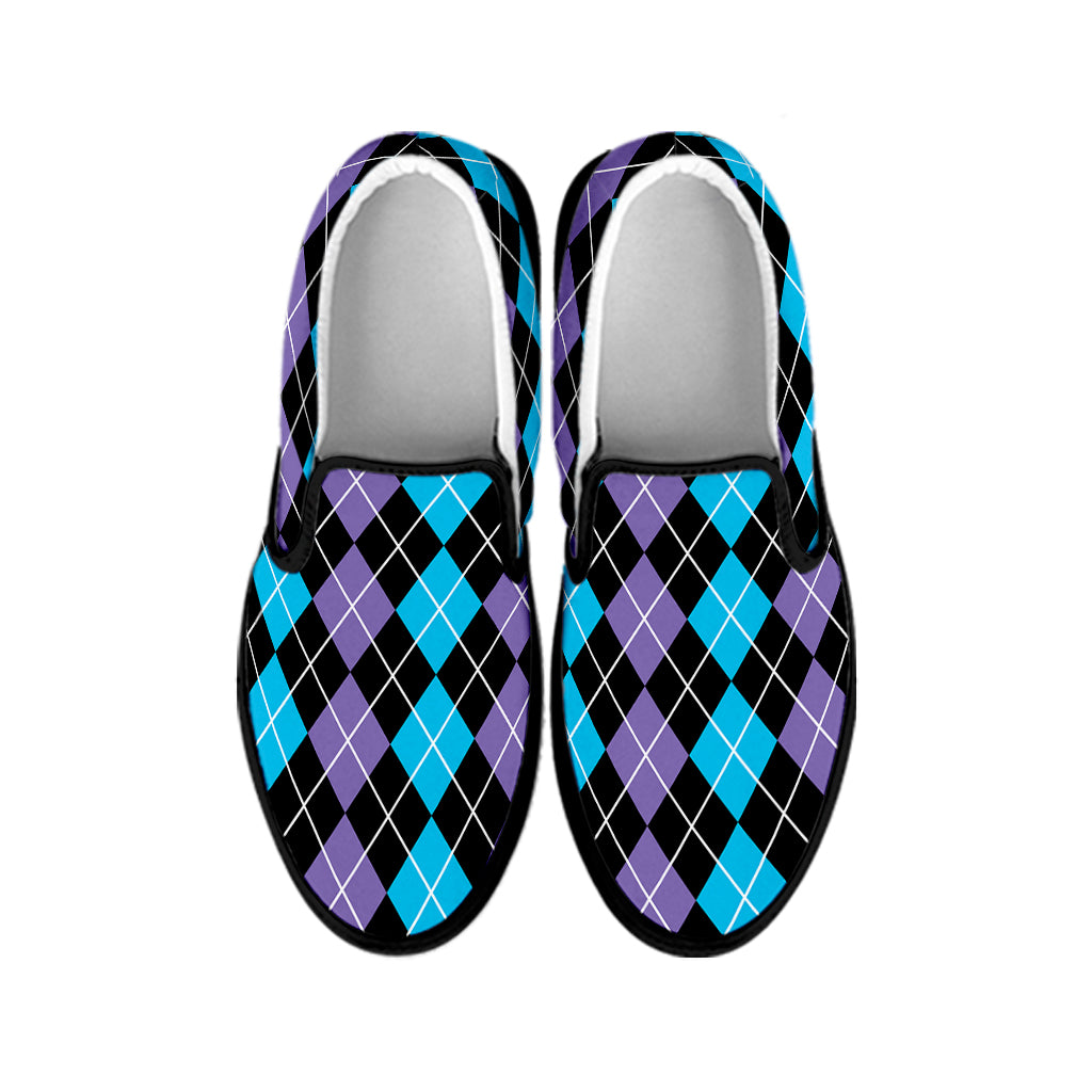 Black Purple And Blue Argyle Print Black Slip On Shoes