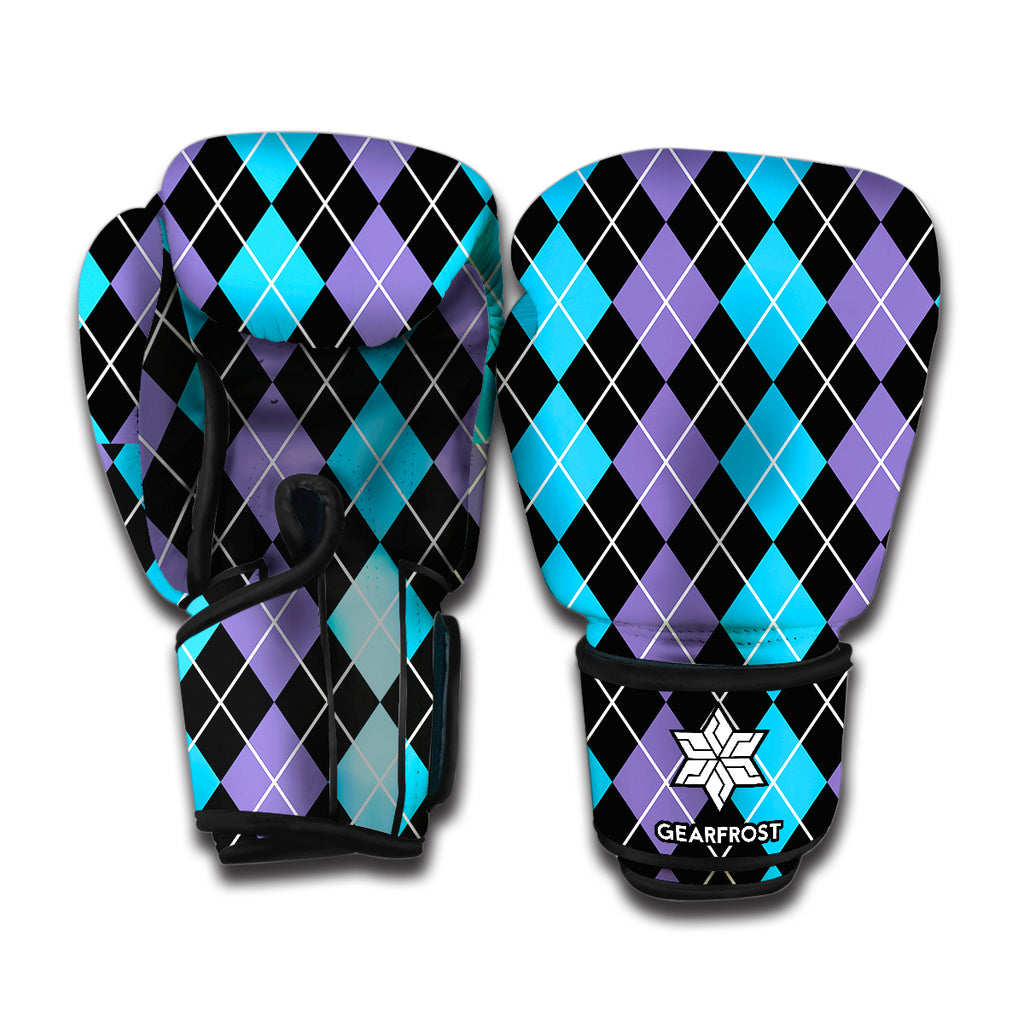 Black Purple And Blue Argyle Print Boxing Gloves