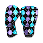 Black Purple And Blue Argyle Print Boxing Gloves