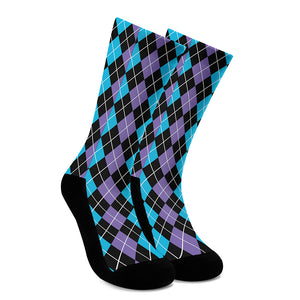 Black Purple And Blue Argyle Print Crew Socks