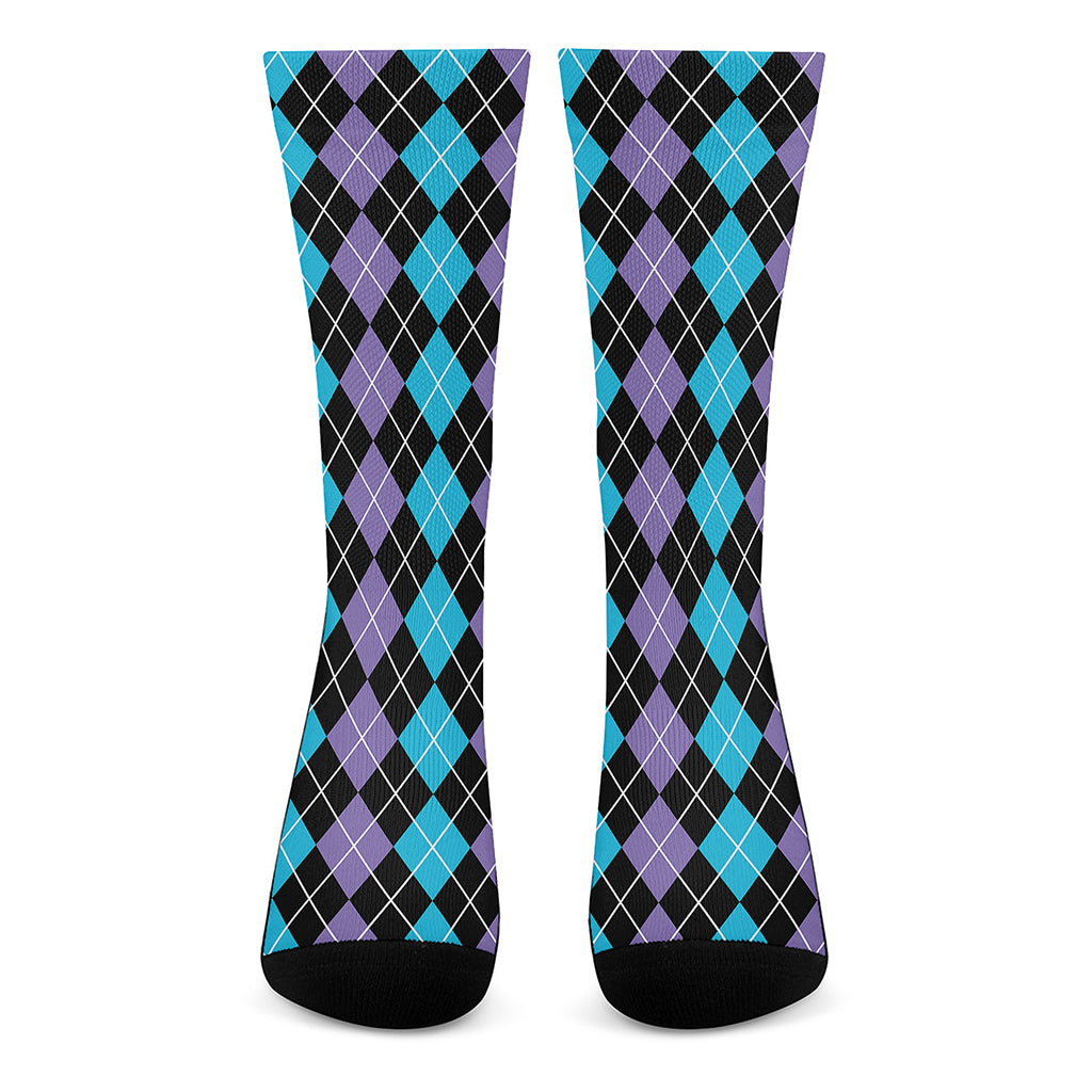 Black Purple And Blue Argyle Print Crew Socks