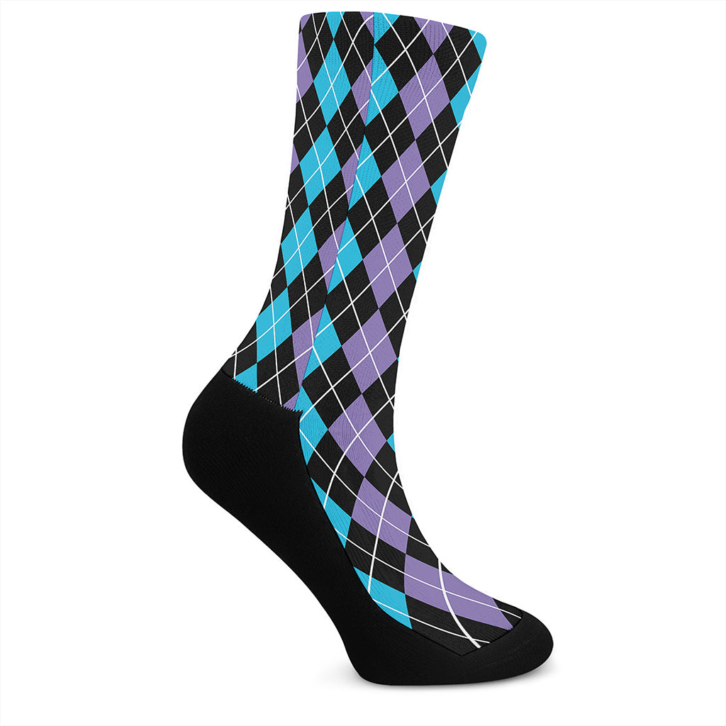 Black Purple And Blue Argyle Print Crew Socks